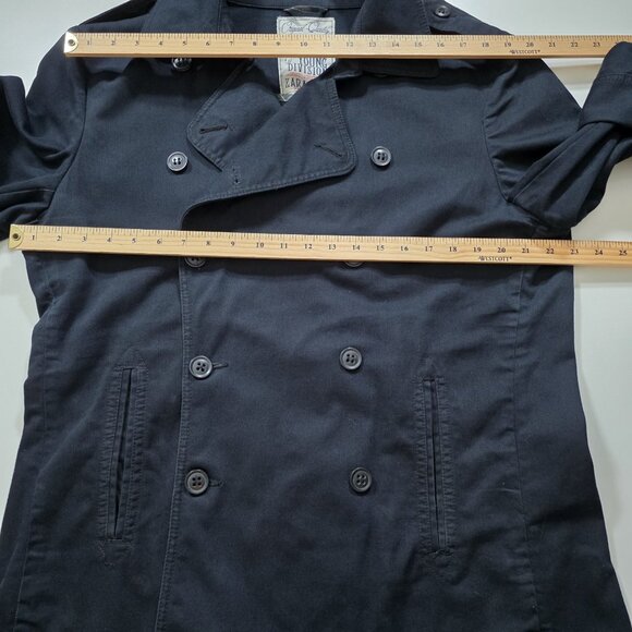 Zara Trench Coat Men XL Navy Double Breasted Vented Twill Cotton Unlined Pockets - Picture 4 of 16
